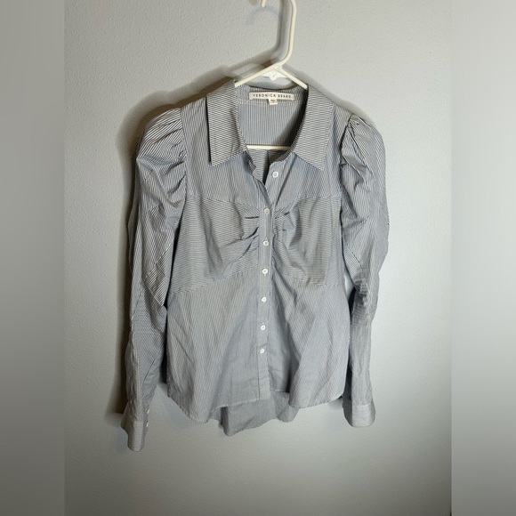 Veronica Beard Navy and White Striped Button Down Shirt - Picture 5 of 9